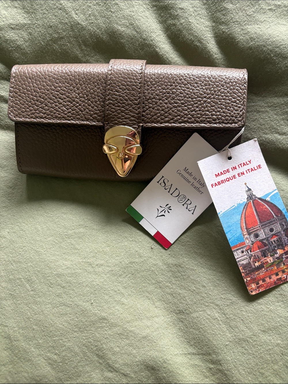 NWT ISADORA Italian Leather Wallet / Flap Clutch – Taupe & Red